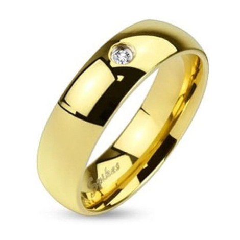 Ocelový prsten ve zlatém odstínu, lesklý hladký povrch, čirý zirkonek, 6 mm Šperky eshop