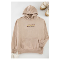 Trendyol Mink Oversize/Wide Cut Letter Printed Hooded Fleece Sweatshirt