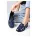 Mio Gusto Navy Blue Color Patent Leather And Suede Women's Casual Oxford Flat Shoes.