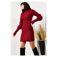 Olalook Women's Burgundy Sleeve and Skirt Textured Knitwear Dress