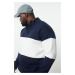 Trendyol Navy Blue Oversize/Wide Cut Stand Collar Color Block Fleece Inside Plus Size Sweatshirt