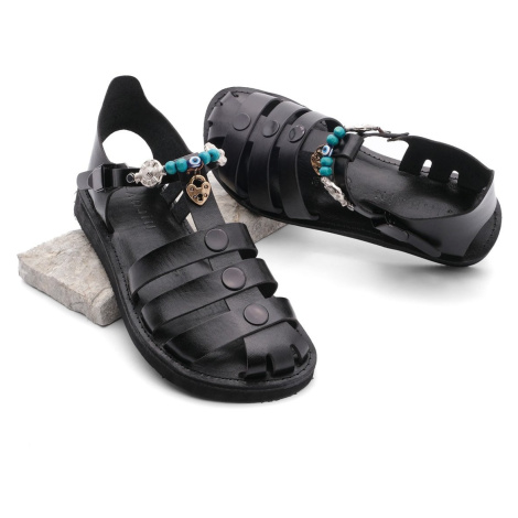 Marjin Women's Genuine Leather Accessoried Eva Sole Daily Sandals Kevas Black