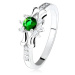 Prsten - stříbro 925, zelený kulatý zirkon, tři čiré kamínky, ozdobená ramena