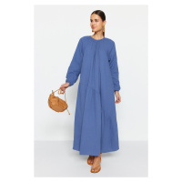 Trendyol Indigo Gathered Detail 100% Cotton Muslin Wide Fit Lined Woven Dress