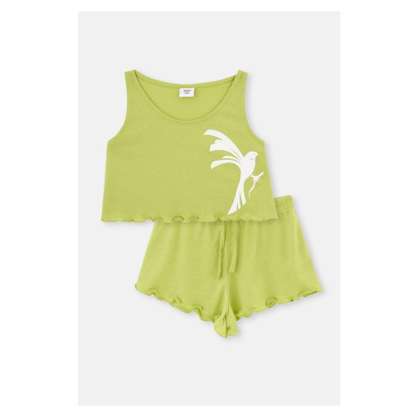 Dagi Green Bird Pattern Knitted Singlets Shorts Pajamas Set