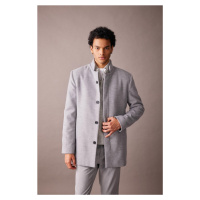 DEFACTO Men's Gray Slim Fit Slim Cut Stand Collar Buttoned Pocket Lined Cashmere Coat Parka