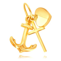 Zlatý 14K přívěsek - silueta lesklého křížku, kotvičky a vypouklého srdíčka