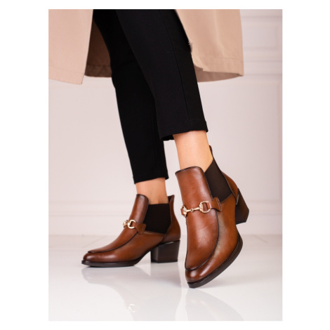 Luxusní kotníčkové boty hnědé dámské na širokém podpatku VINCEZA