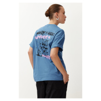 Trendyol Indigo 100% Cotton Slogan Printed Oversize/Wide Fit Short Sleeve Knitted T-Shirt