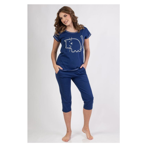 Bavlněné dámské pyžamo Mici modré s kočkou Regina
