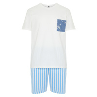 Trendyol Ecru Blue Printed Regular Fit Couple Knitted Shorts Pajamas Set