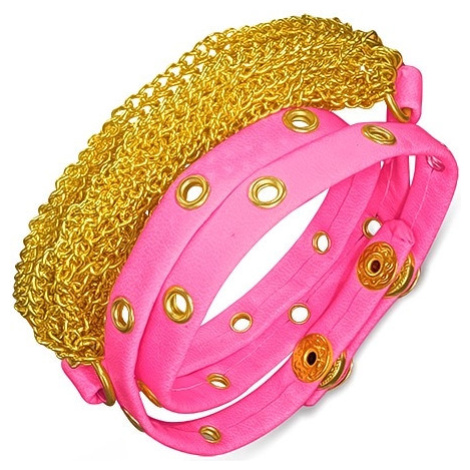 Kožený náramek - růžový pás s kováním, zlaté řetízky Šperky eshop