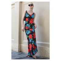 Madmext Multicolored Floral Pattern Long Dress with a Plunging Collar