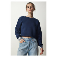 Happiness İstanbul Women's Navy Blue Crew Neck Raised Crop Knitted Sweatshirt