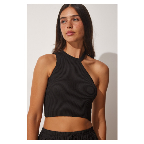 Happiness İstanbul Women's Black One-Shoulder Crop Sweater Blouse