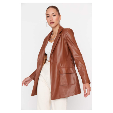 Trendyol Brown Faux Leather Belted Blazer Jacket