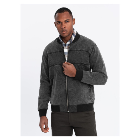 Ombre Men's denim bomber jacket with stone wash effect - black