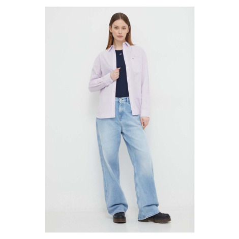 Košile s příměsí lnu Tommy Jeans fialová barva, relaxed, s klasickým límcem, DW0DW17735 Tommy Hilfiger