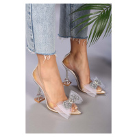 Shoeberry Women's Princess White Transparent Bow Stony Heel Shoes