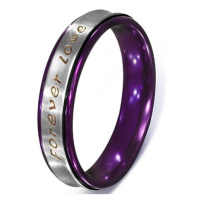 Stříbrný prsten z oceli - text Forever Love, fialové okraje