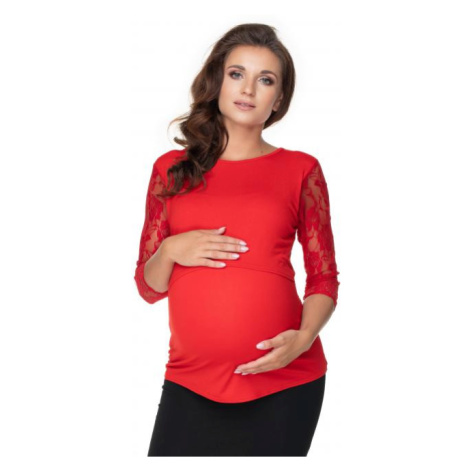 Těhotenská a kojící halenka s dlouhým rukávem s krajkou v červené barvě