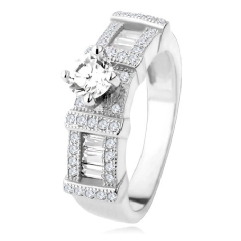 Stříbrný zásnubní prsten 925, zirkonové obdélníky, kulatý kamínek Šperky eshop