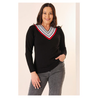 By Saygı Striped V-Neck Plus Size Knitwear Sweater