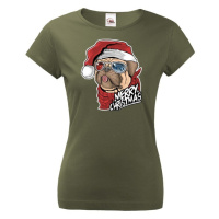 Dámské tričko s potiskem vánočního buldočku - vtipné vánoční tričko