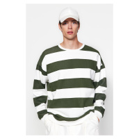 Trendyol Green Unisex Oversize/Wide-Fit Striped Fleece Cotton Sweatshirt