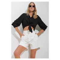 Trend Alaçatı Stili Women's Black Double Pocket Front Tie Aerobin Crop Shirt