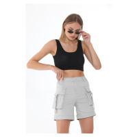 BİKELİFE Stone Cargo Pocket High Waist Flexible Denim Shorts