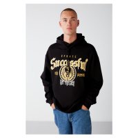 GRIMELANGE Persified Men's Fleece College Printed Hooded Drawstring Black Sweatshirt