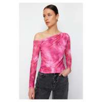 Trendyol Pink*001 Patterned Tulle Lined Asymmetric Collar Knitted Blouse