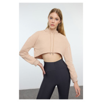 Trendyol Dark Beige Super Crop Hooded Knitted Sports Sweatshirt