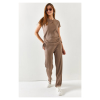 Olalook Women's Mink Gathered Blouse Palazzo Trousers Suit