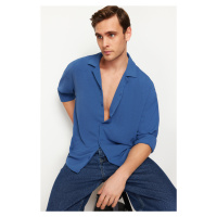 Trendyol Indigo Oversize Fit Wide Collar Summer Linen Look Shirt
