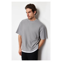 Trendyol Gray Oversize Piece Detailed Textured 100% Cotton T-Shirt