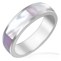 Prsten z lesklé oceli s růžovou perletí