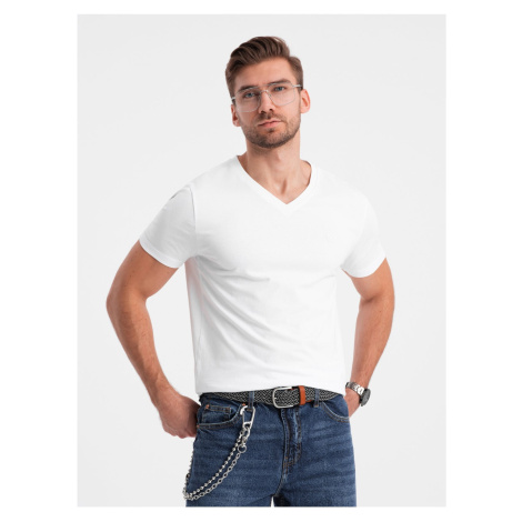 Bílé pánské tričko s véčkovým výstřihem Ombre Clothing