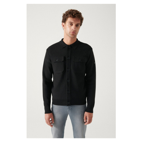 Avva Men's Black Woolen Chest Pocket Buttoned Polo Collar Regular Fit Cardigan Coat