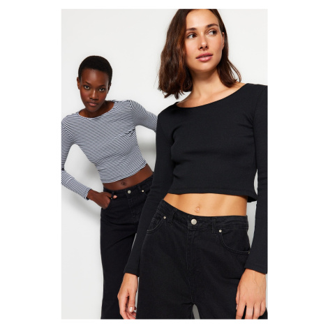Trendyol Black Striped and Plain 2 Pack Fitted Crop Ribbed Stretchy Knitted Blouse
