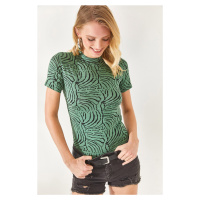 Olalook Women's Patch Green Lycra Patterned Knitted Viscose Crop Blouse