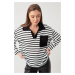Lafaba Women's Black Shirt Collar Striped Blouse