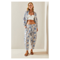 XHAN Blue Patterned Shalwar Cut Linen Pants