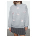 Trendyol Gray Melange Ribbon Detailed Oversize/Wide Fit Thick Knitted Sweatshirt