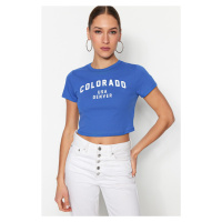 Trendyol Saks 100% Cotton Slogan Printed Fitted/Skinned Crop Crew Neck Knitted T-Shirt