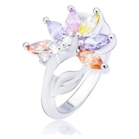 Lesklý stříbrný prsten, květ s barevnými zirkonovými lupeny
