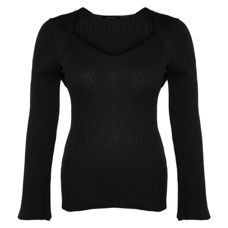 Trendyol Curve Černý žebrovaný pletený svetr se širokým výstřihem
