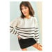 Bianco Lucci Women's Stone Embroidered Striped Knitwear Sweater