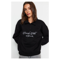 Trendyol Black Shirt Collar Regular Fit With Embroidery Fleece Inside Knitted Sweatshirt